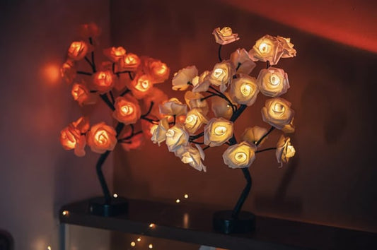Forever Rose Tree Lamp - LED Tabletop Lighted Bonsai Sconce | Romantic Handmade Bedside Night-Light | Whimsical Holiday Gift