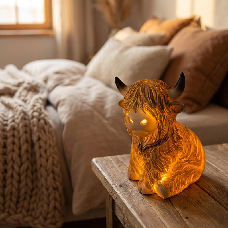 The Cozy Highland Glow Lamp - Handmade Resin Highland Cow Tabletop Light | Farmhouse Nursery Bedside Night-Light | Warm Yellow Accent Sconce