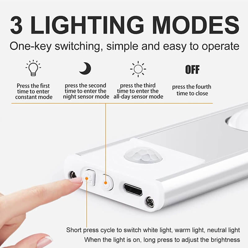 LED Motion Sensor Light Strip - Ultra-Thin Wireless Under Cabinet Light | Rechargeable Hill Glow Wardrobe Sconce | Black & Silver
