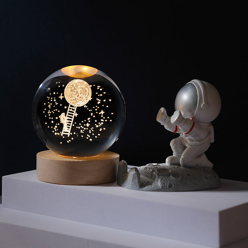 3D Crystal Ball Night Light - Laser Engraved K9 Solar System & Galaxy Sphere | LED Wooden Base Bedside Sconce