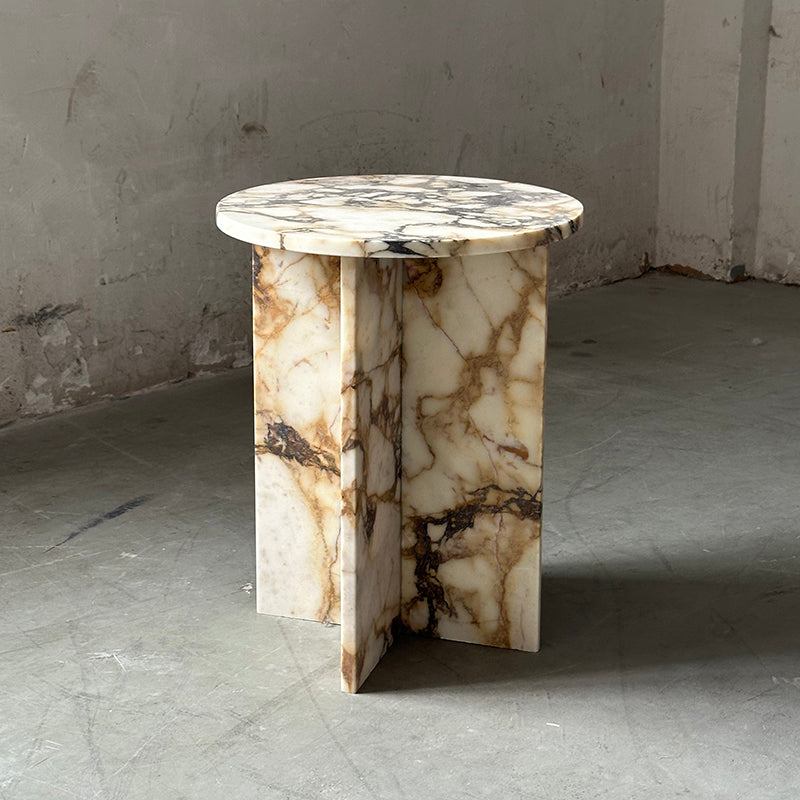 Rosie Marble Side Table - Bulgari & Travertine Natural Stone Pedestal | Luxury Minimalist Bedside Table