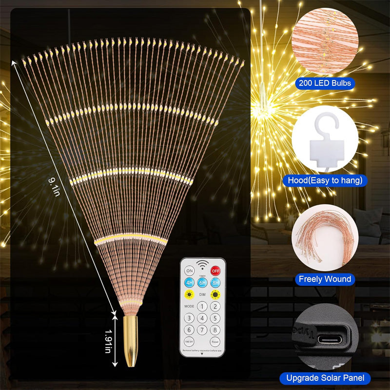 Solar Firework String Lights - Copper Wire Starburst Hanging Garland | IP65 Waterproof Yard & Party Light