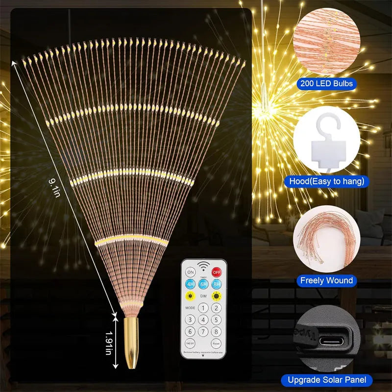 Solar Firework Hanging String Lights - IP65 Waterproof LED Starburst Lamp | Multi-Mode Outdoor Fairy Light | Warm White & RGB