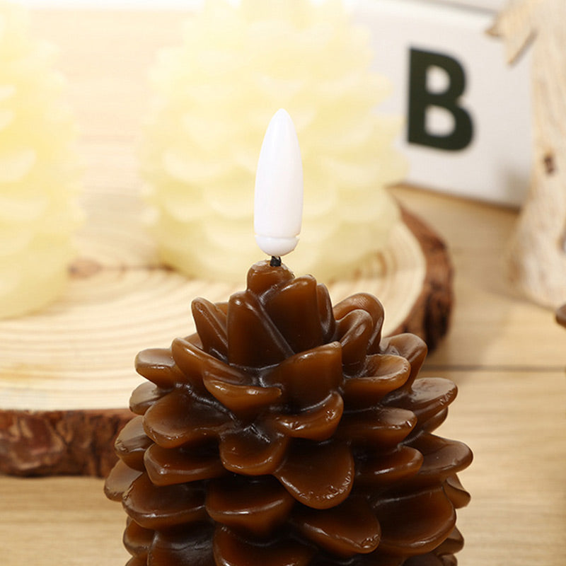 Flameless LED Pine Cone Candles - Real Paraffin Wax Flickering Holiday Lamp | Battery Operated Winter Accent Light | Brown & White