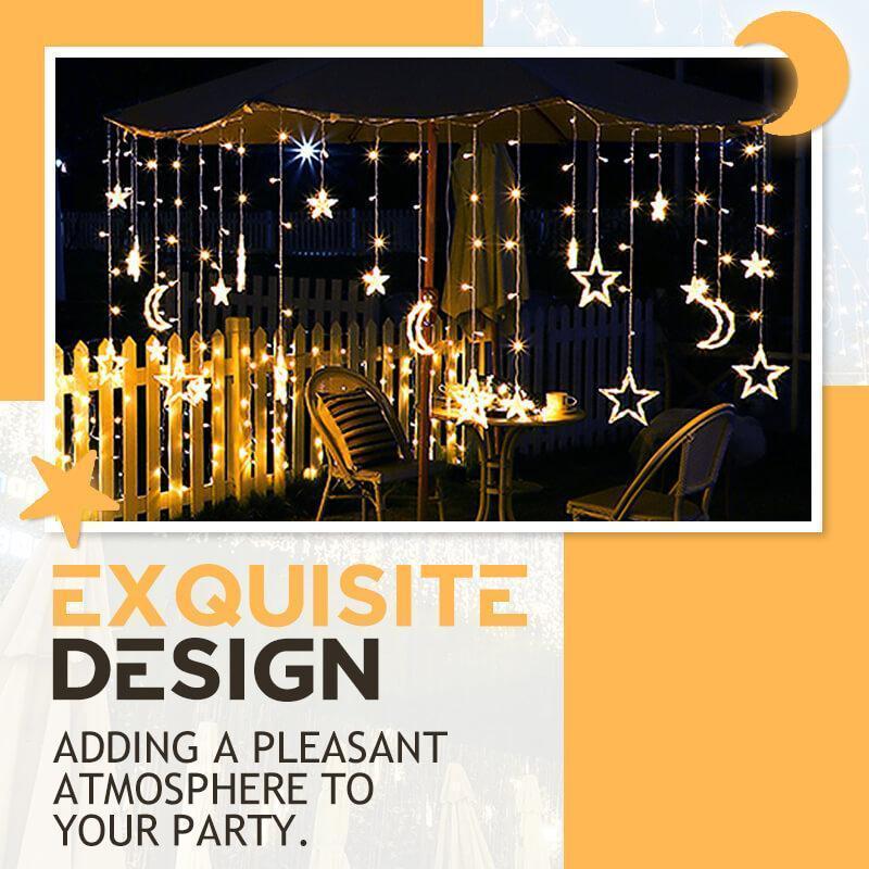 LED Solar Garden Ambient Light - Waterproof Star & Moon Curtain Garland | Smart Remote Control Patio String Lights | Warm White & RGB
