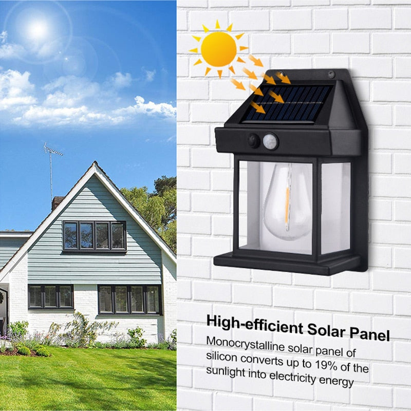 New Outdoor Solar Power Lamp - Warm Tungsten Filament Motion Sensor Sconce | IP65 Waterproof Wall Light | Black & White