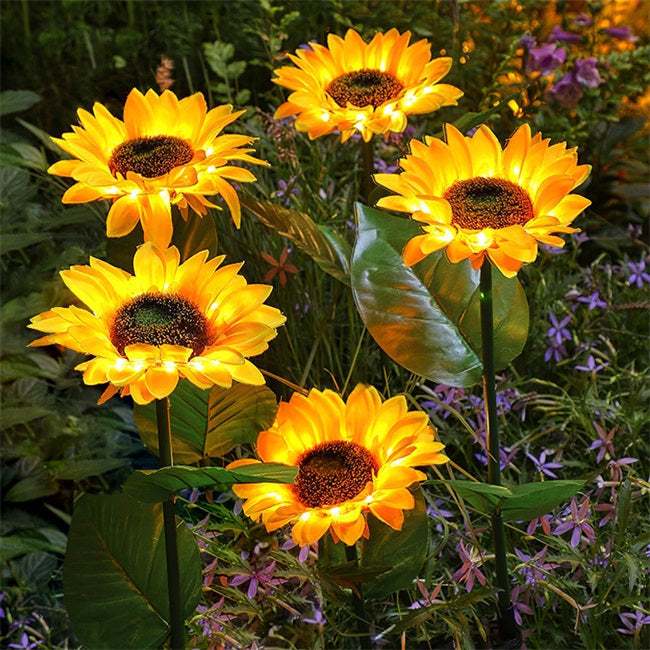 Sunflower Solar Garden Stake LED Lights - Waterproof Outdoor Flowerbed Spikes | Realistic Yellow Landscape Pathway Lights