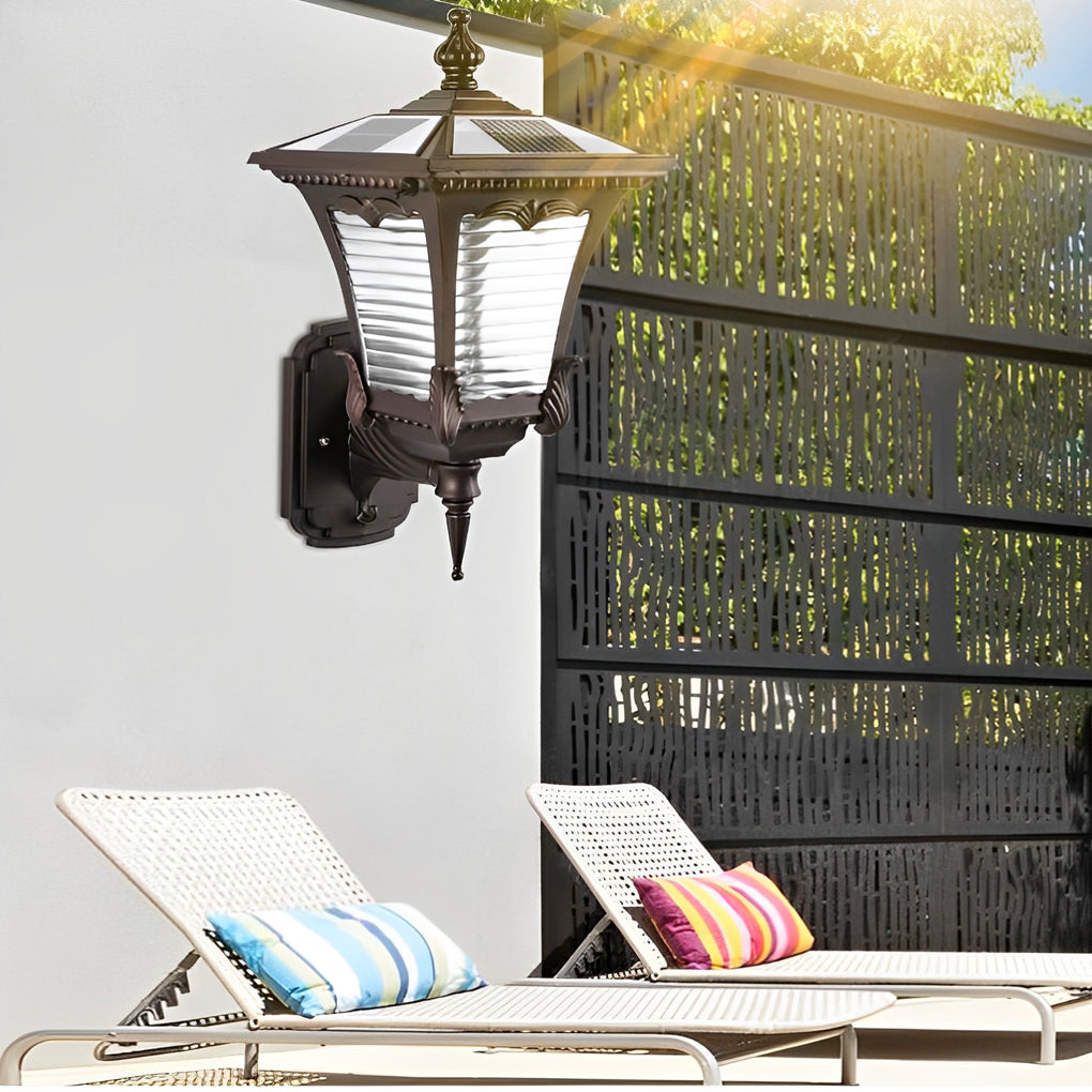 Vintage Striped Glass Solar Outdoor Wall Sconce – Black Aluminum IP65 Waterproof Light