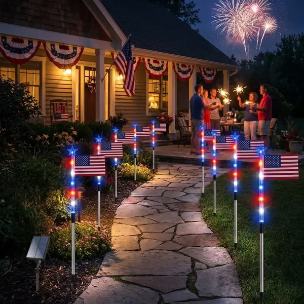 8 Solar American Flag Pathway Lights - Red White & Blue LED Yard Stake Set | IP65 Waterproof 250th Independence Day Outdoor Decor