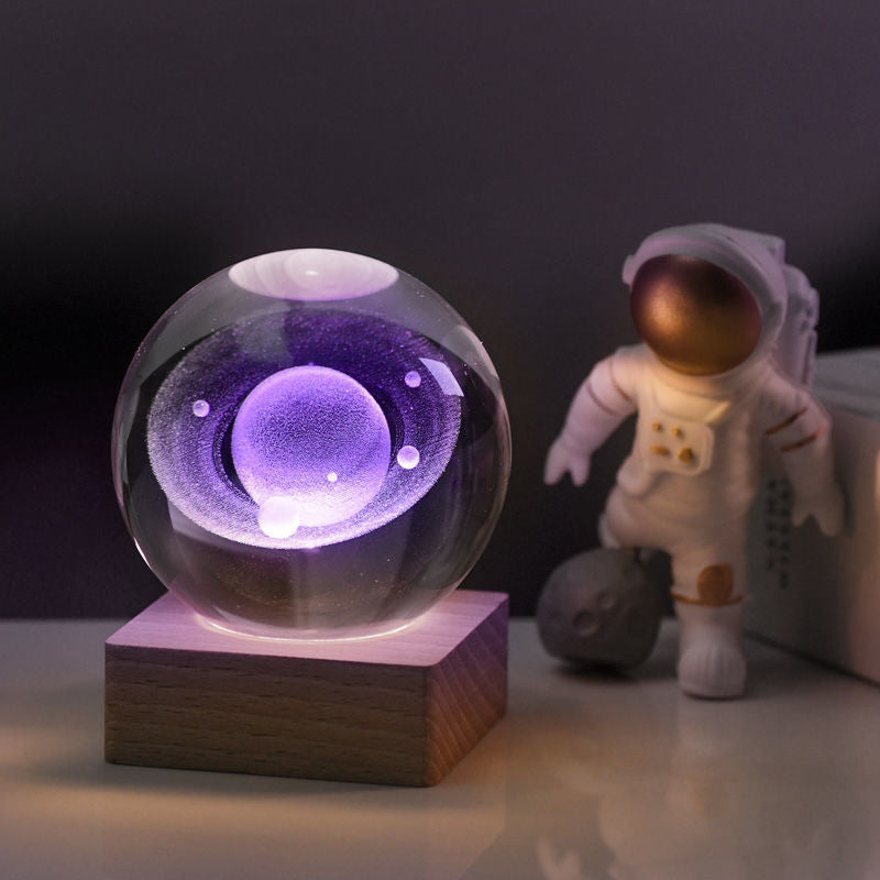 3D Crystal Ball Night Light - Laser Engraved K9 Solar System & Galaxy Sphere | LED Wooden Base Bedside Sconce