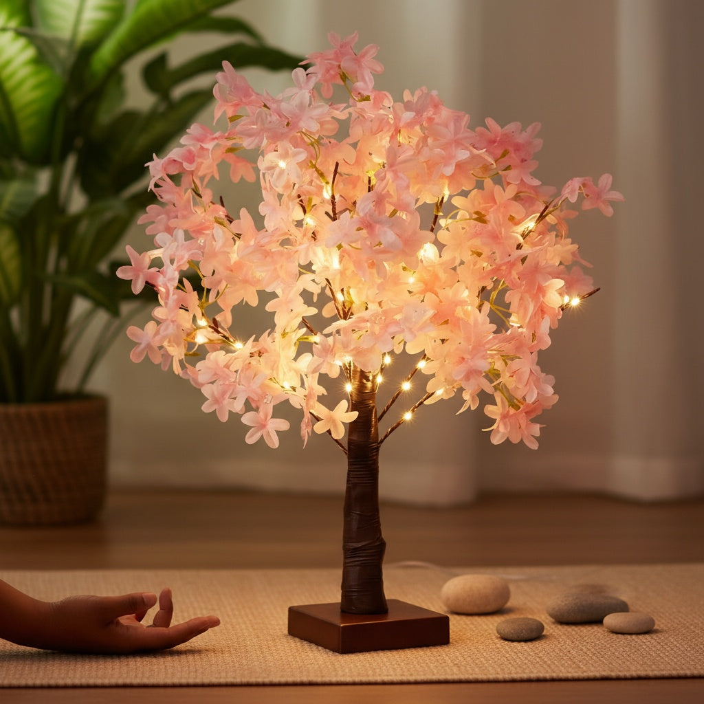 Pink Cherry Blossom Tree Lamp – Battery-Powered Warm LED Floral Accent Light