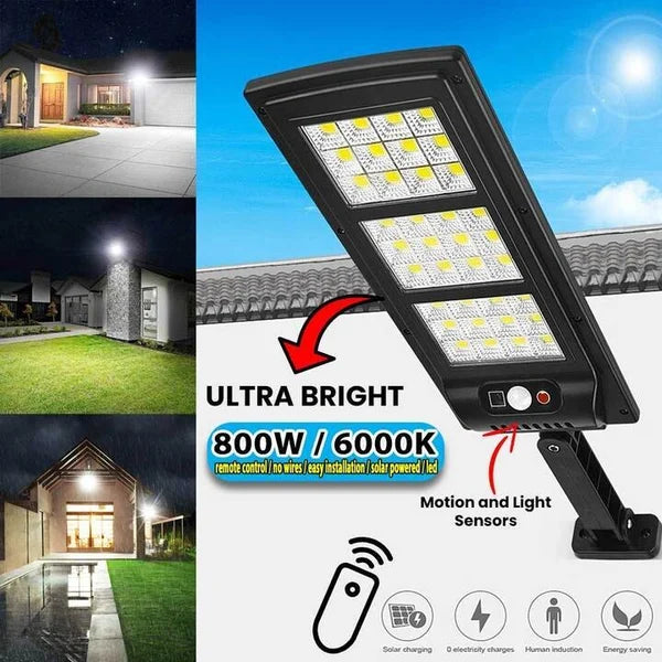 800W LED Solar Street Light with Remote Control - IP65 Waterproof Commercial Floodlight | Dusk-to-Dawn Motion Sensor Security Sconce