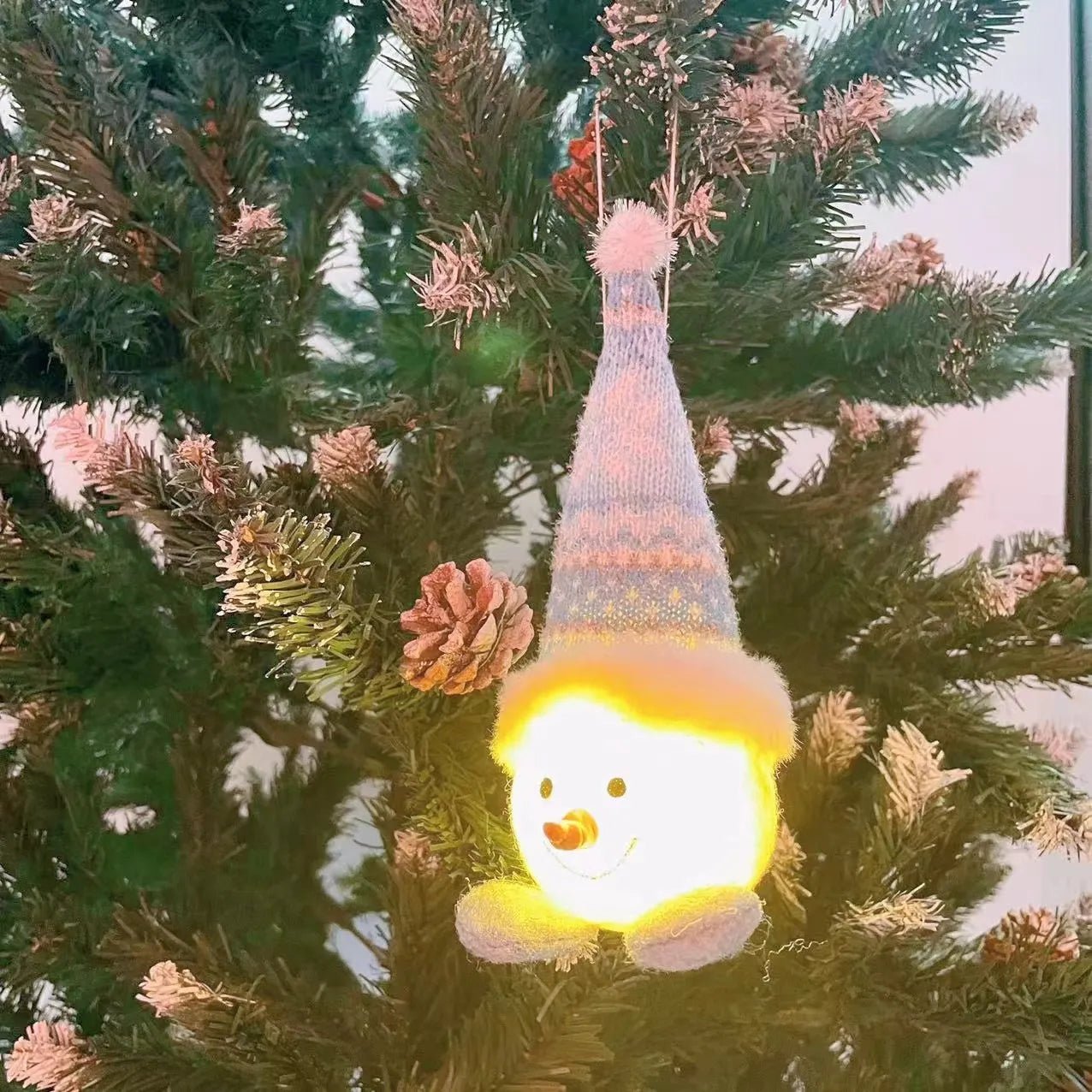 Plush Glowing Christmas Snowman Doll - Light-Up LED Tabletop Nordic Figurine | Winter Blue & Gray Knit Holiday Ornament
