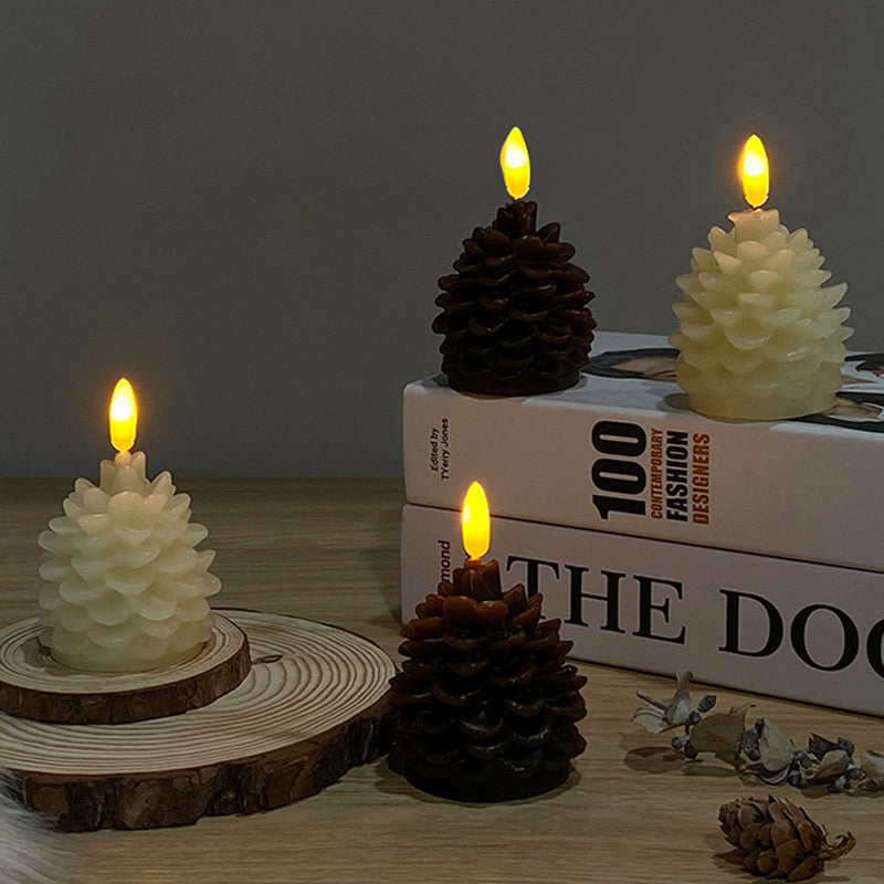 Flameless LED Pine Cone Candles - Real Paraffin Wax Flickering Holiday Lamp | Battery Operated Winter Accent Light | Brown & White