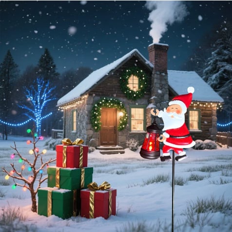 Christmas Solar Santa Kettle Light & Lantern Garden Decor Collection - Waterproof LED Watering Can & Lantern Stake