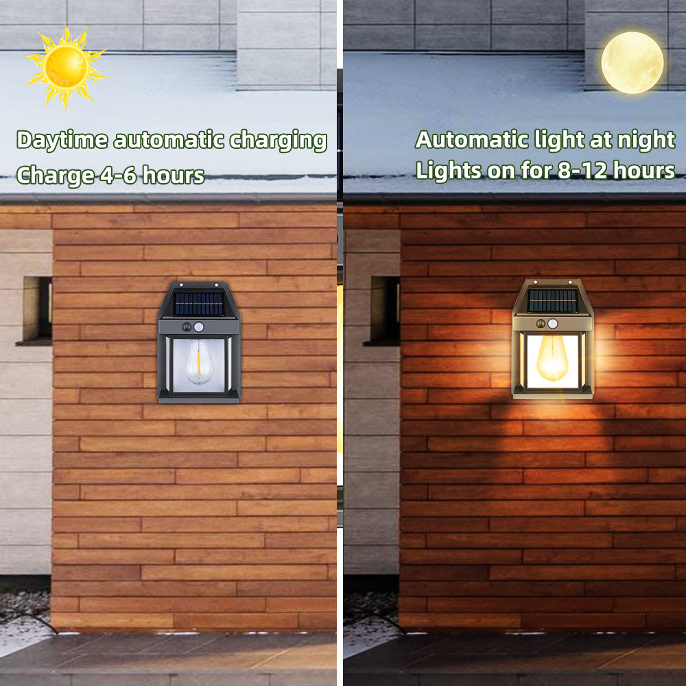 New Outdoor Solar Power Lamp - Warm Tungsten Filament Motion Sensor Sconce | IP65 Waterproof Wall Light | Black & White