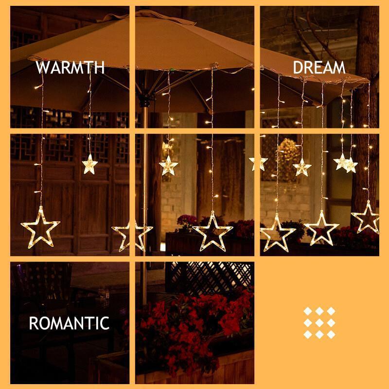 LED Solar Garden Ambient Light - Waterproof Star & Moon Curtain Garland | Smart Remote Control Patio String Lights | Warm White & RGB