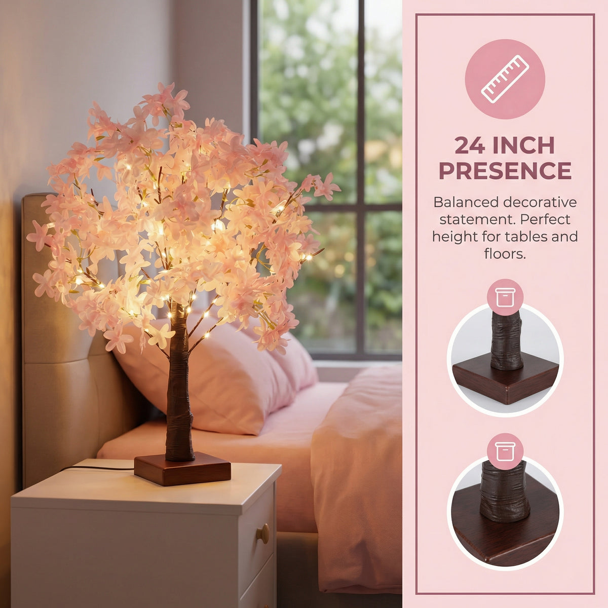 Pink Cherry Blossom Tree Lamp – Battery-Powered Warm LED Floral Accent Light