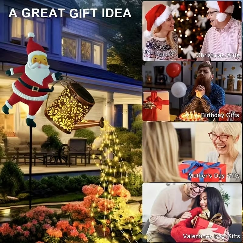 Christmas Solar Santa Kettle Light & Lantern Garden Decor Collection - Waterproof LED Watering Can & Lantern Stake