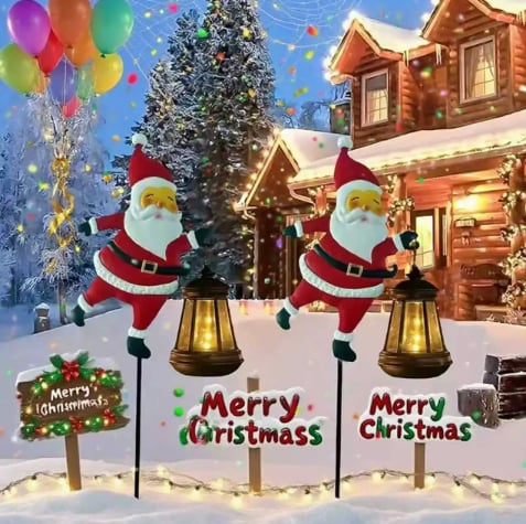 Christmas Solar Santa Kettle Light & Lantern Garden Decor Collection - Waterproof LED Watering Can & Lantern Stake