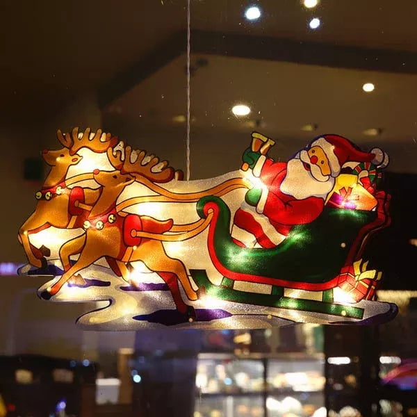 Christmas Window Hanging Lights - LED Silhouette Acrylic Battery Operated Sconce | Holiday Window Pendant Light | Santa, Reindeer & Star