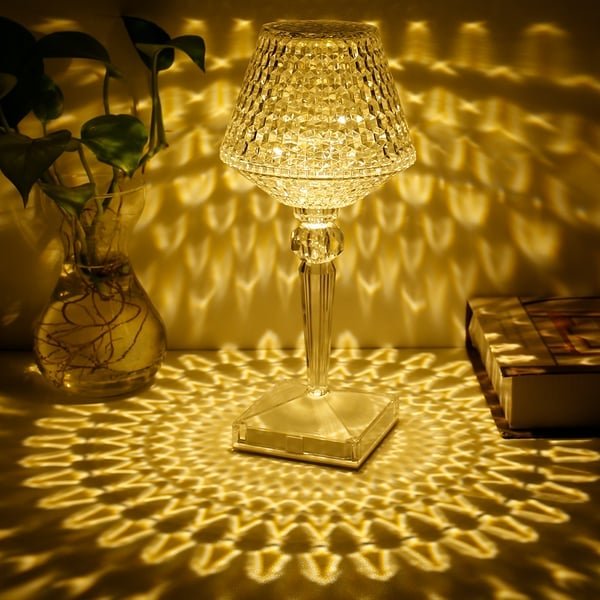Crystal Diamond Table Lamp - Rechargeable LED Cordless Bedside Sconce | Touch Control Dimming Nightstand Light | Clear Acrylic