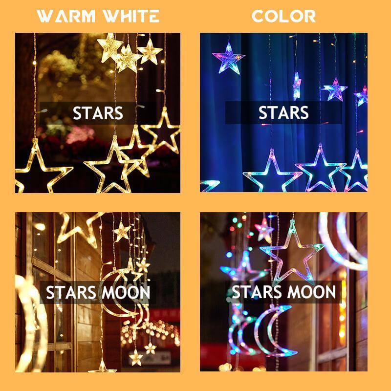 LED Solar Garden Ambient Light - Waterproof Star & Moon Curtain Garland | Smart Remote Control Patio String Lights | Warm White & RGB