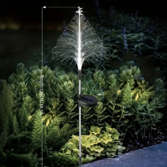 7 Color Changing Solar Christmas Tree Lights - Fiber Optic Outdoor Stake Sconce | IP65 Waterproof Holiday Garden Pathway Light