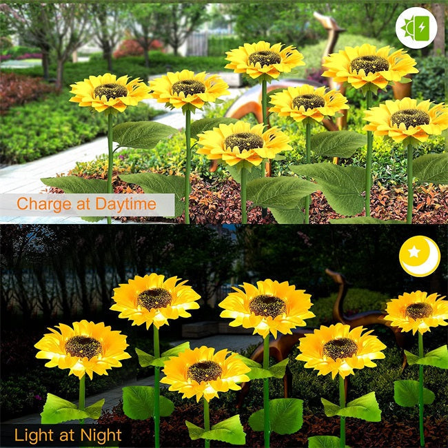 Sunflower Solar Garden Stake LED Lights - Waterproof Outdoor Flowerbed Spikes | Realistic Yellow Landscape Pathway Lights