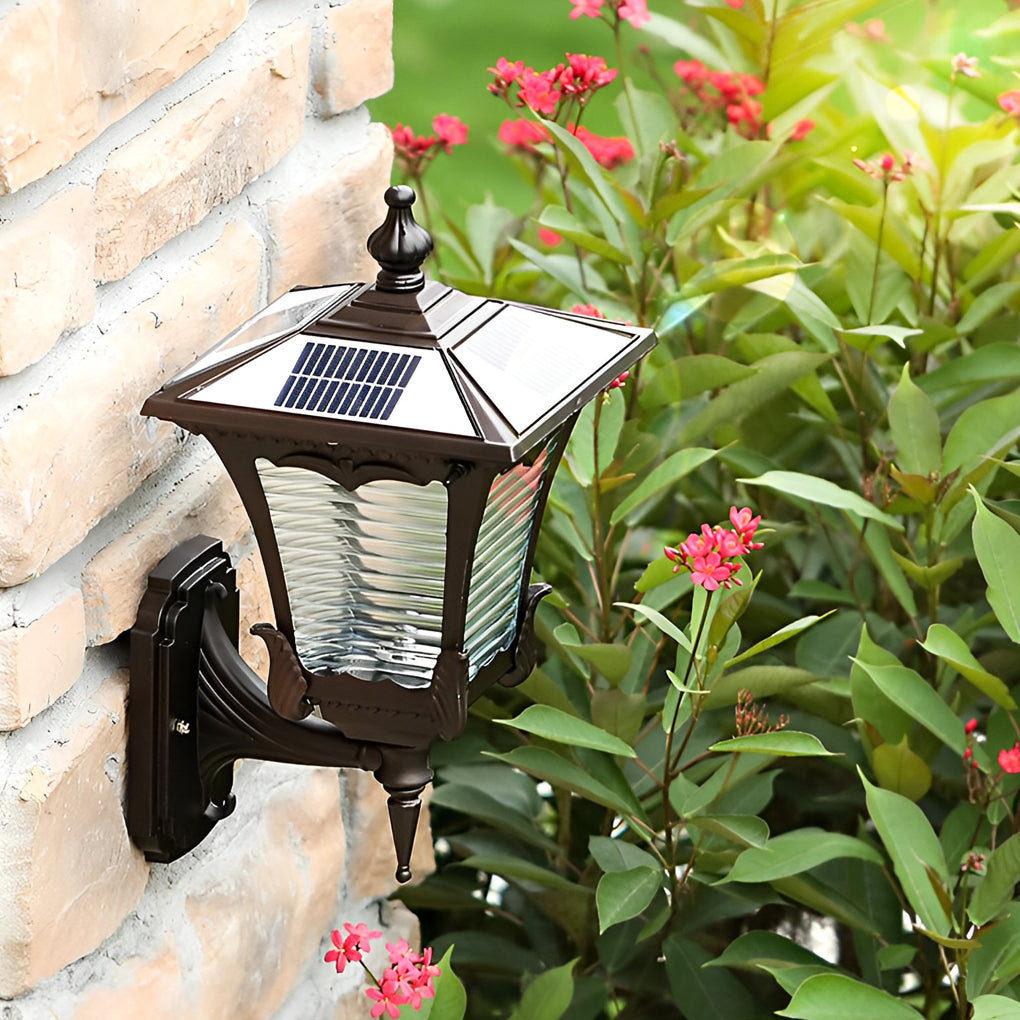 Vintage Striped Glass Solar Outdoor Wall Sconce – Black Aluminum IP65 Waterproof Light