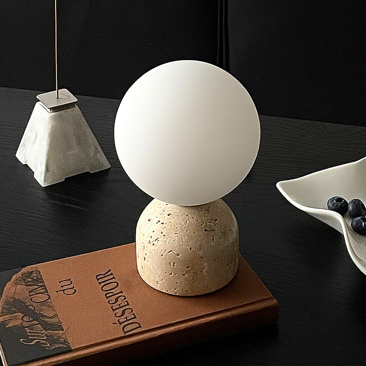 Aalia Marble Table Lamp – Spherical Natural Stone & Glass Bedside Accent Lamp