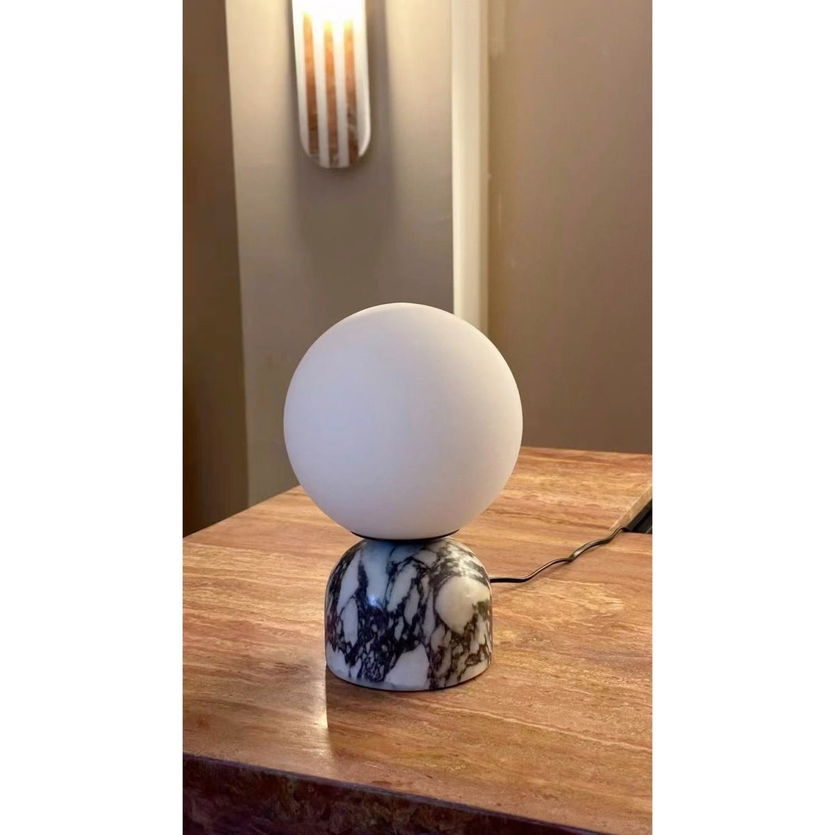 Aalia Marble Table Lamp – Spherical Natural Stone & Glass Bedside Accent Lamp