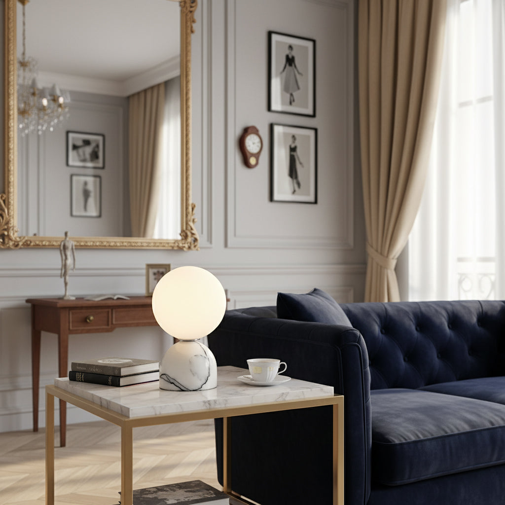 Aalia Marble Table Lamp – Spherical Natural Stone & Glass Bedside Accent Lamp