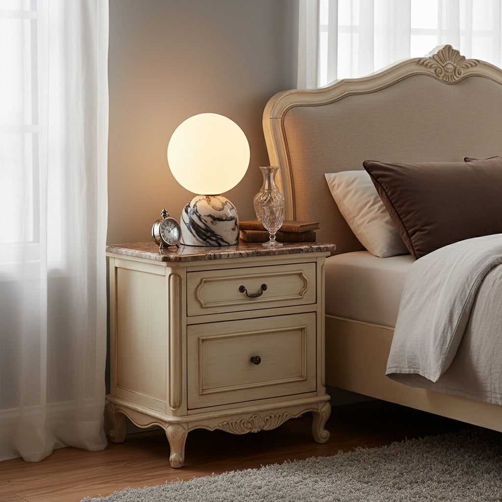 Aalia Marble Table Lamp – Spherical Natural Stone & Glass Bedside Accent Lamp