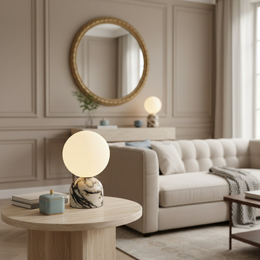 Aalia Marble Table Lamp – Spherical Natural Stone & Glass Bedside Accent Lamp