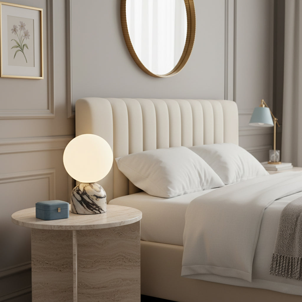 Aalia Marble Table Lamp – Spherical Natural Stone & Glass Bedside Accent Lamp