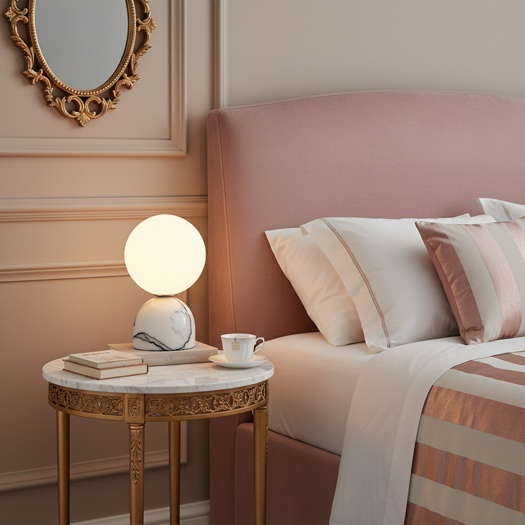 Aalia Marble Table Lamp – Spherical Natural Stone & Glass Bedside Accent Lamp
