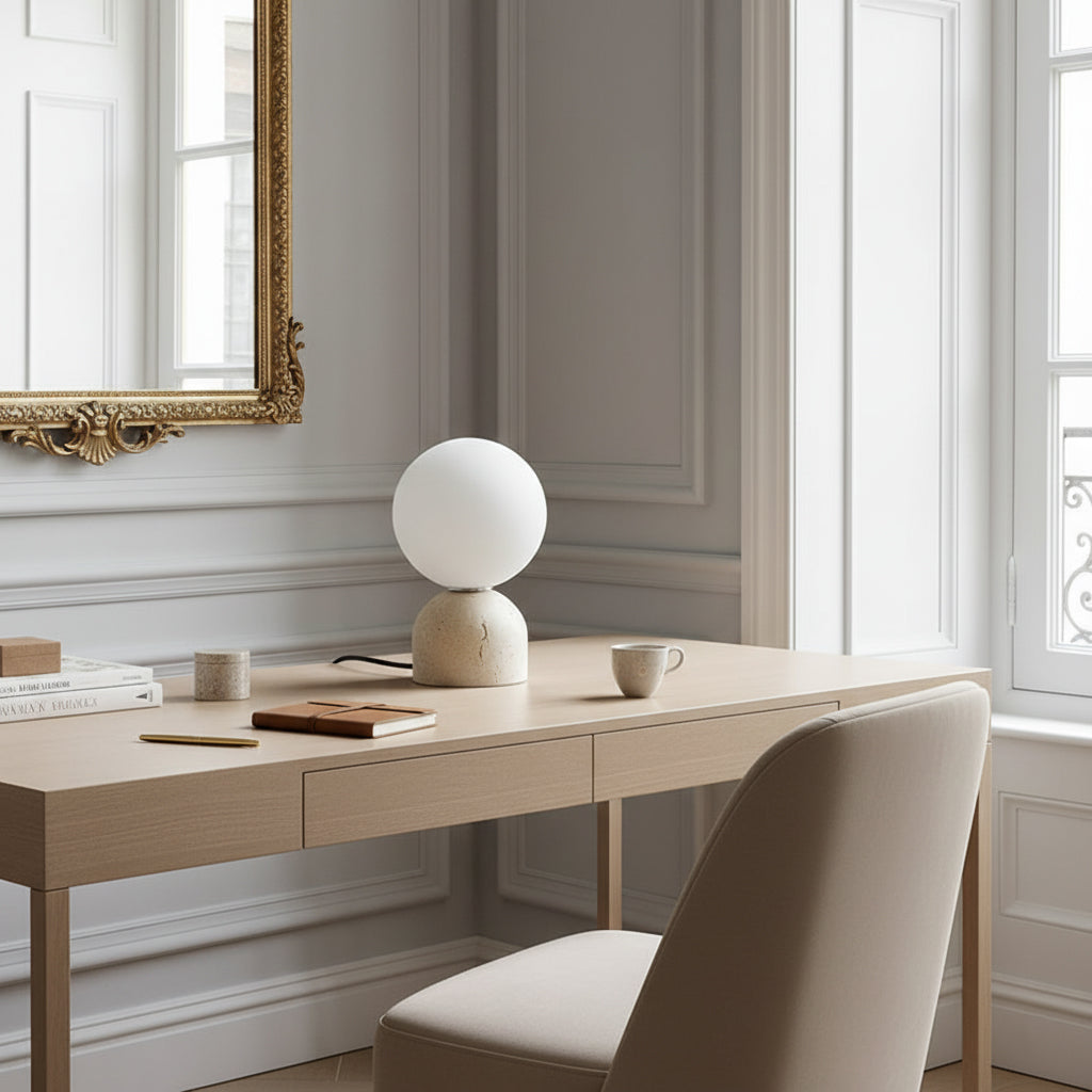 Aalia Marble Table Lamp – Spherical Natural Stone & Glass Bedside Accent Lamp