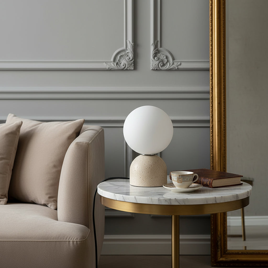 Aalia Marble Table Lamp – Spherical Natural Stone & Glass Bedside Accent Lamp