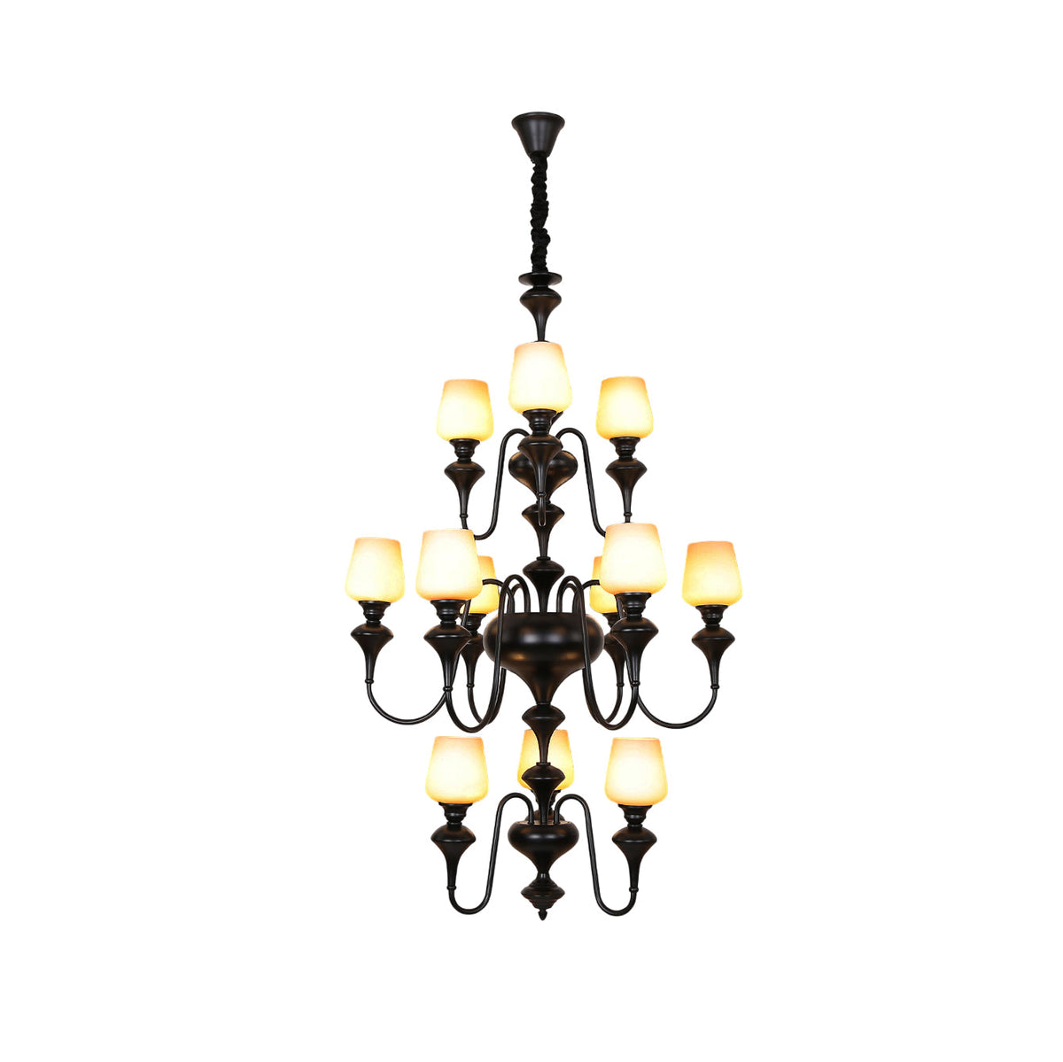 Abrahamson Shaded Tiered Chandelier – Angular Brass & White Glass Multi-Tier Chandelier