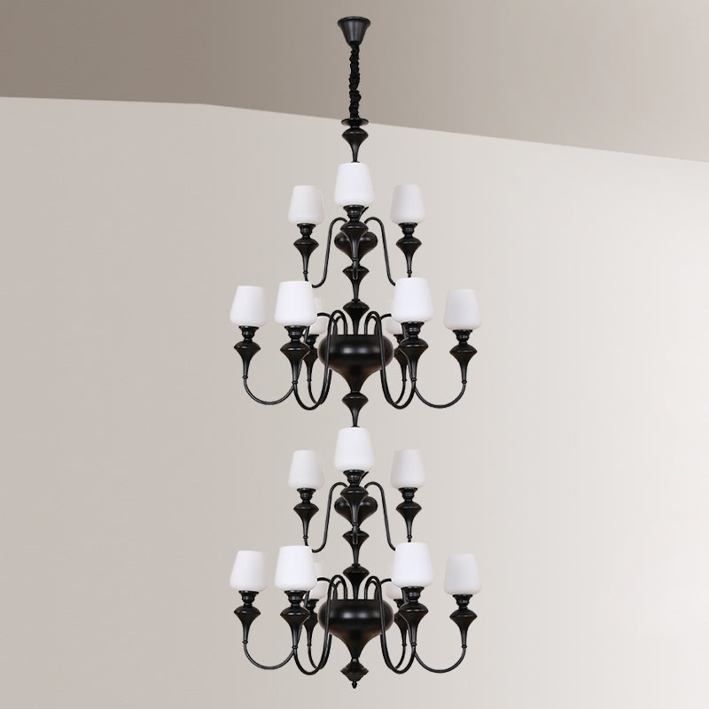 Abrahamson Shaded Tiered Chandelier – Angular Brass & White Glass Multi-Tier Chandelier