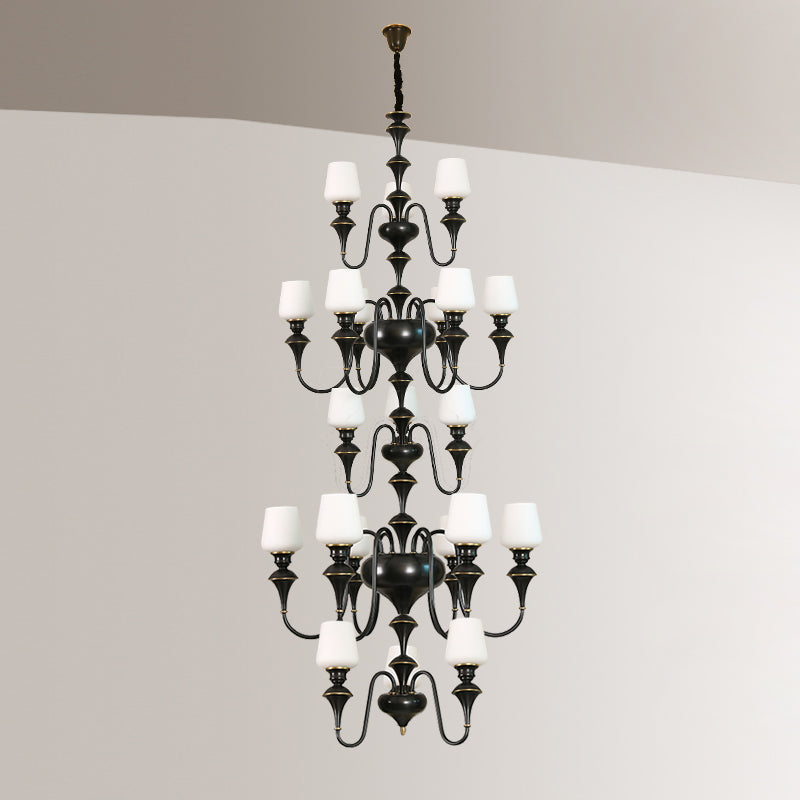 Abrahamson Shaded Tiered Chandelier – Angular Brass & White Glass Multi-Tier Chandelier