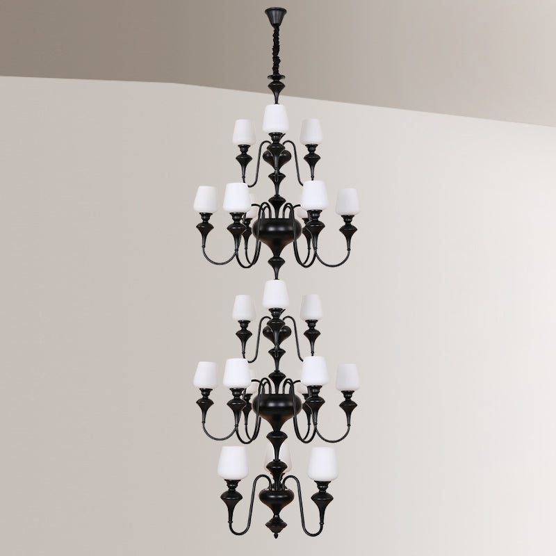 Abrahamson Shaded Tiered Chandelier – Angular Brass & White Glass Multi-Tier Chandelier