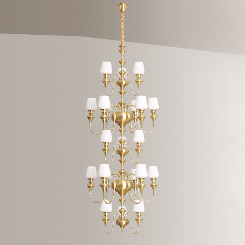 Abrahamson Shaded Tiered Chandelier – Angular Brass & White Glass Multi-Tier Chandelier