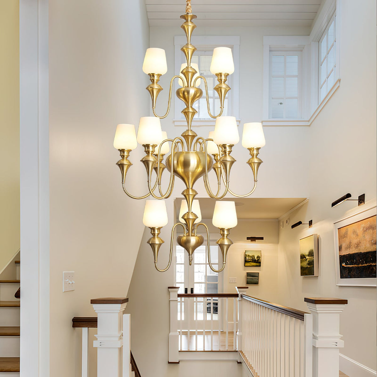 Abrahamson Shaded Tiered Chandelier – Angular Brass & White Glass Multi-Tier Chandelier