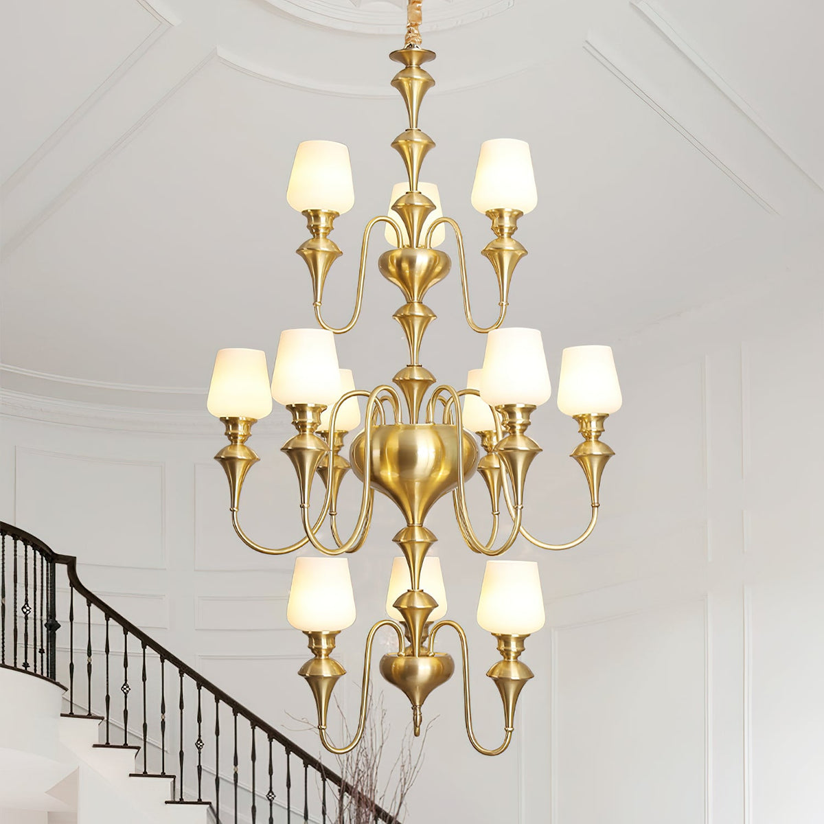 Abrahamson Shaded Tiered Chandelier – Angular Brass & White Glass Multi-Tier Chandelier