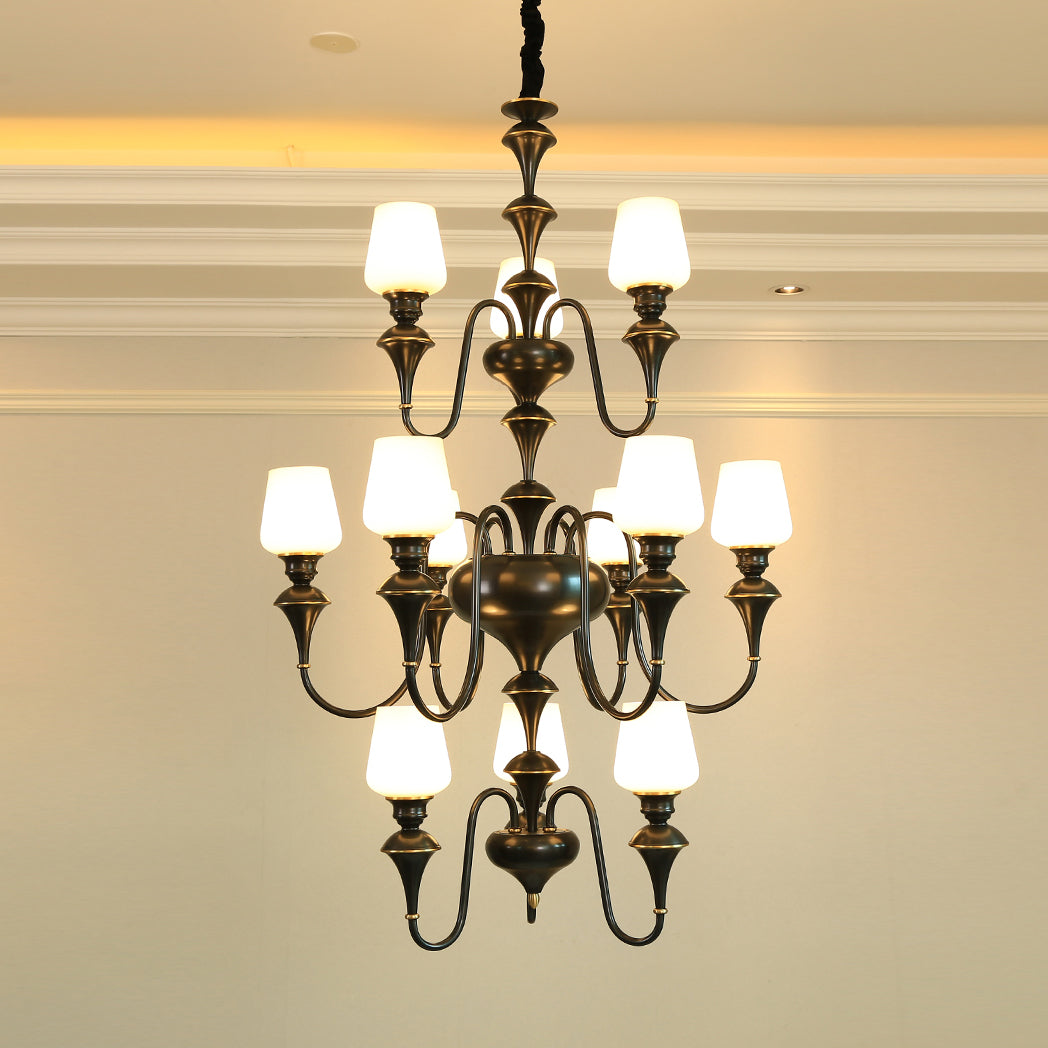 Abrahamson Shaded Tiered Chandelier – Angular Brass & White Glass Multi-Tier Chandelier