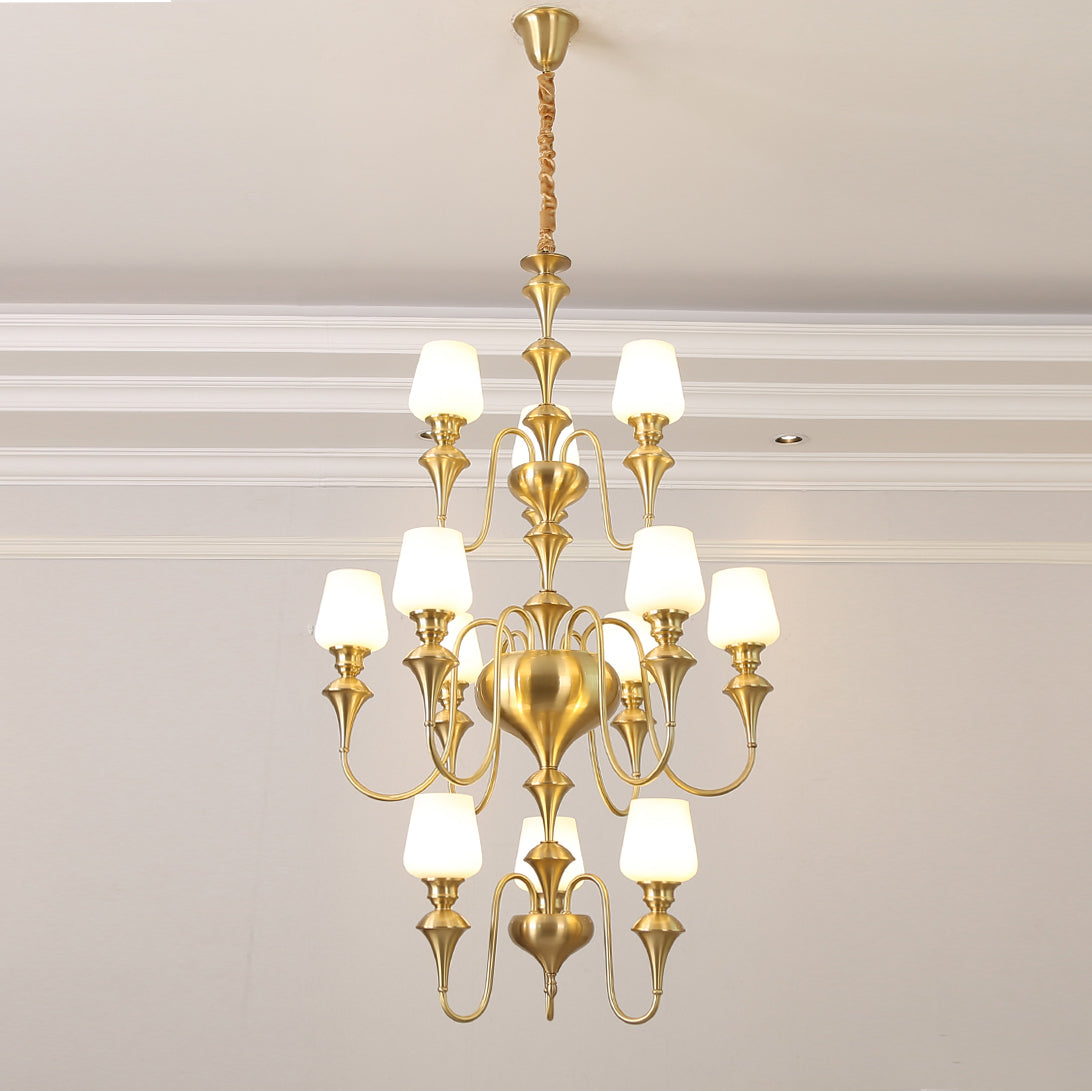 Abrahamson Shaded Tiered Chandelier – Angular Brass & White Glass Multi-Tier Chandelier