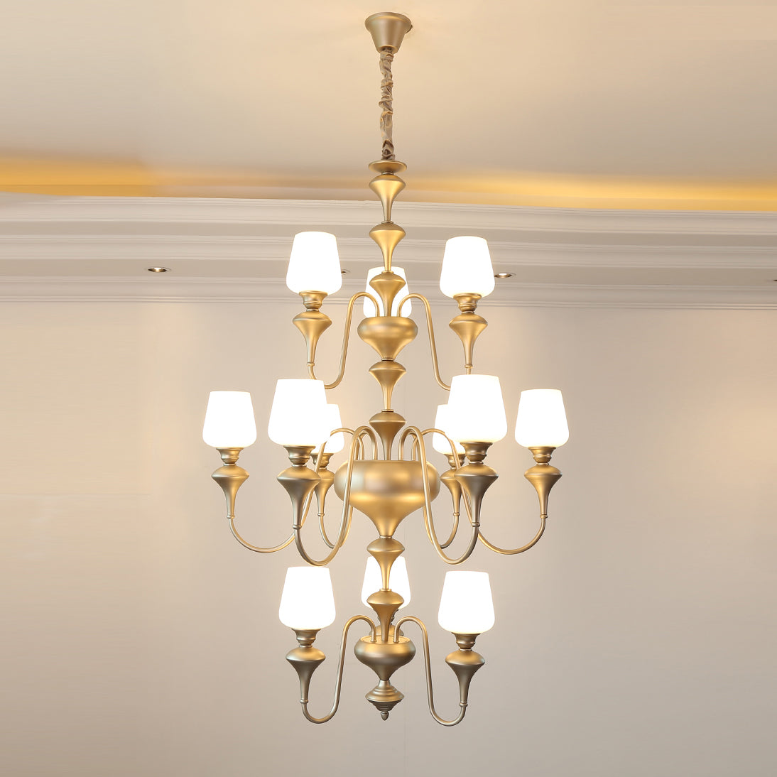 Abrahamson Shaded Tiered Chandelier – Angular Brass & White Glass Multi-Tier Chandelier