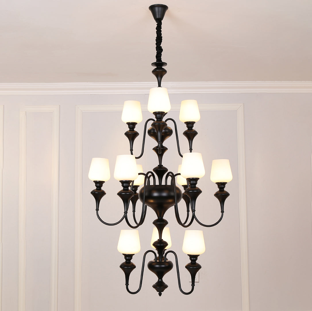 Abrahamson Shaded Tiered Chandelier – Angular Brass & White Glass Multi-Tier Chandelier